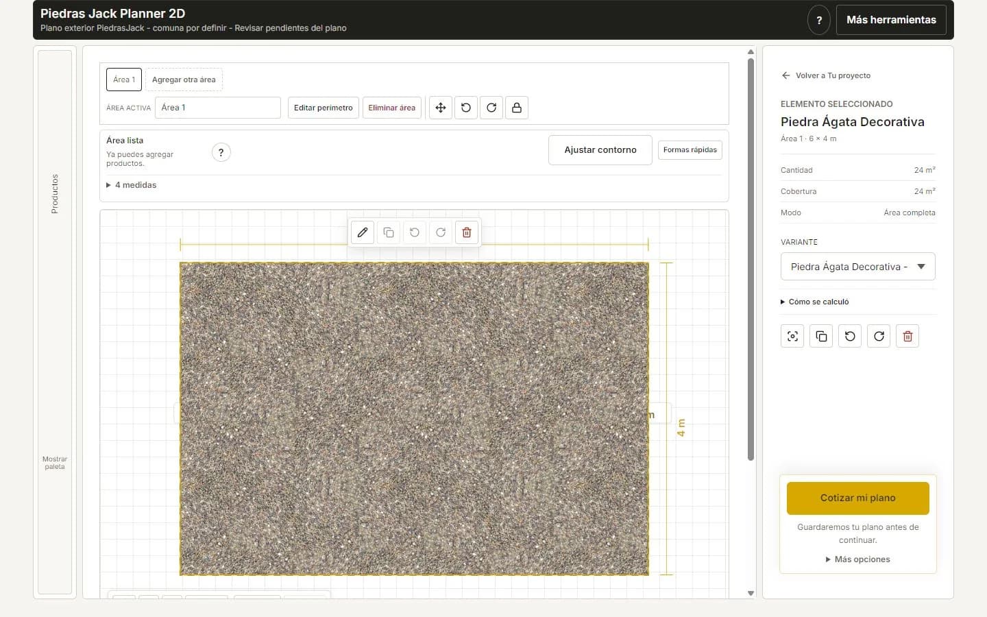 Plano de un patio de 6 por 4 metros con materiales en el Planner Jack